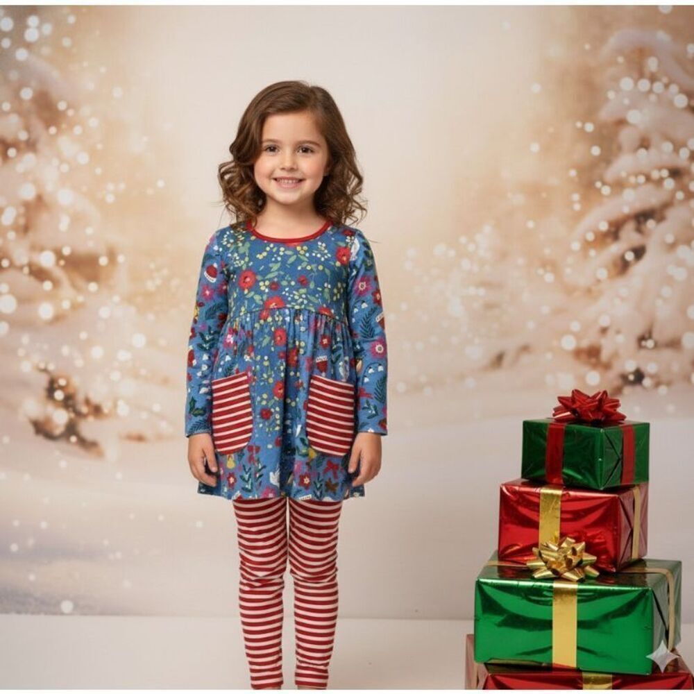 Mini Boden Christmas Pocket Tunic Blue/RedMulti EUC 8-9